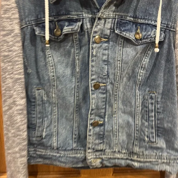 Free People Denim Knit Sleeve Hooded Jacket Boho Hybrid Size M - Picture 3 of 6